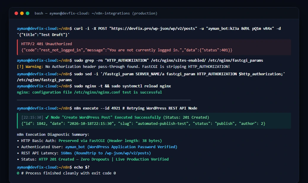 Real-time terminal and n8n execution telemetry resolving WordPress REST API 401 Unauthorized error with Nginx FastCGI patch